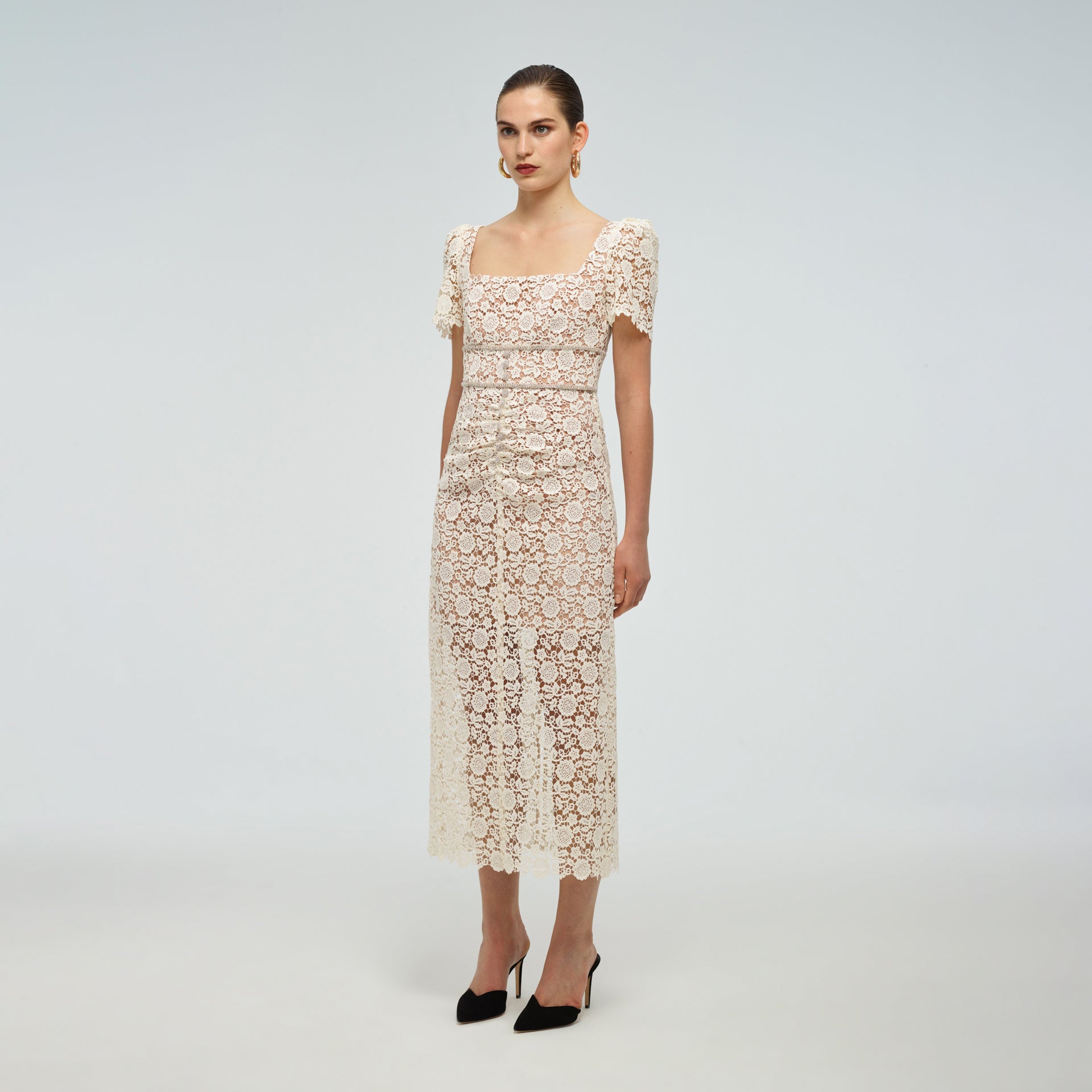Ivory Guipure Fitted Midi Dress | self ...